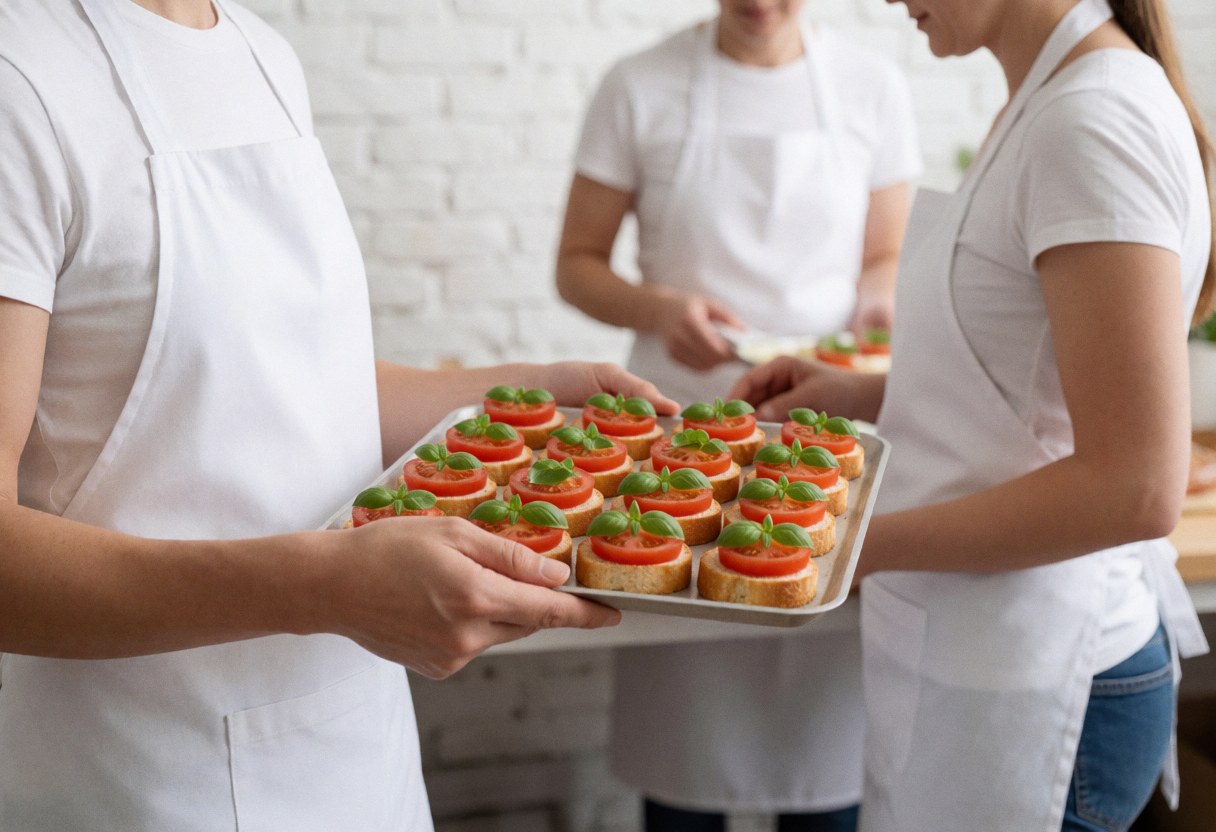 Catering team serving fresh bruschetta with tomato and basil in a kitchen with white brick walls