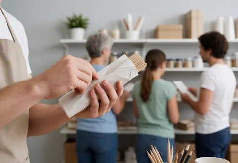 Close-up of hands carefully wrapping products on grey shelves for customer service.