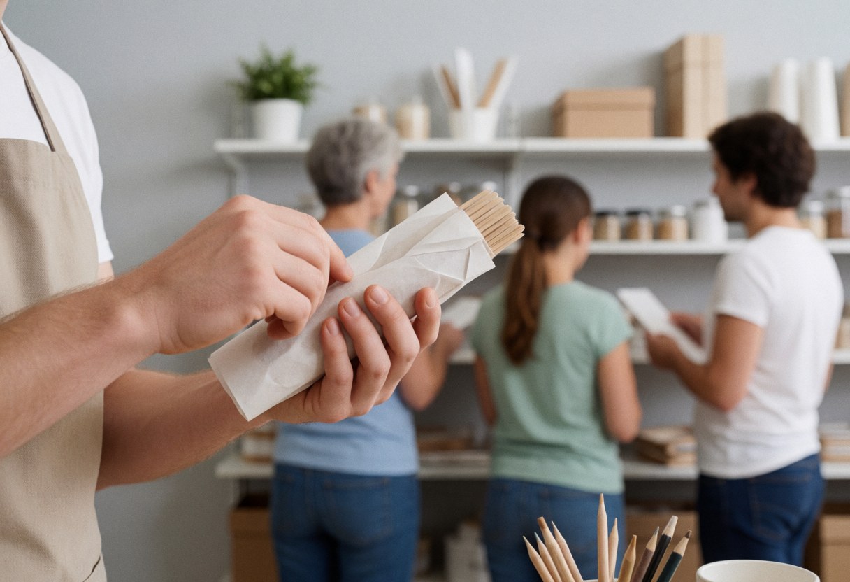 Close-up of hands carefully wrapping products on grey shelves for customer service.