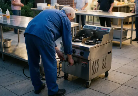Technician in blue uniform adjusts valves on a portable fryer outdoors with stainless steel tables under soft sunset light.