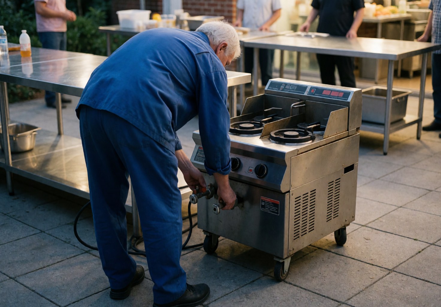 Technician in blue uniform adjusts valves on a portable fryer outdoors with stainless steel tables under soft sunset light.