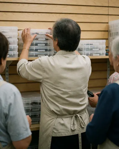 Staff member arranging plastic containers on a wooden shelf in a bookstore while others watch nearby.