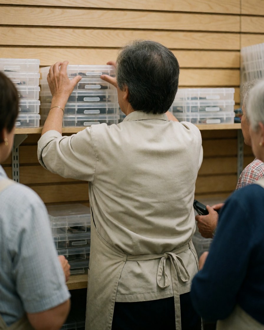 Staff member arranging plastic containers on a wooden shelf in a bookstore while others watch nearby.