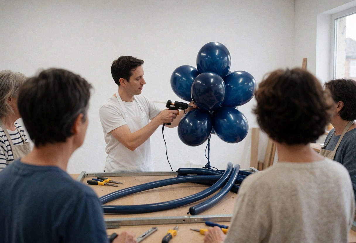 An event decorator uses a heat gun to secure blue balloons onto a metal frame during a workshop session.