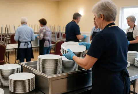 Staff member stacking white plates in a stainless steel container during a catering service event