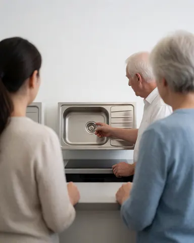 A customer looking at a stainless steel kitchen sink on display against a white wall with natural lighting.