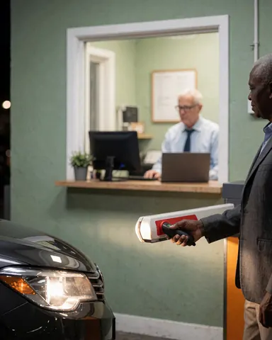 A customer uses a handheld remote to open a parking lot barrier at night, with a cashier booth and green wall visible in the background.