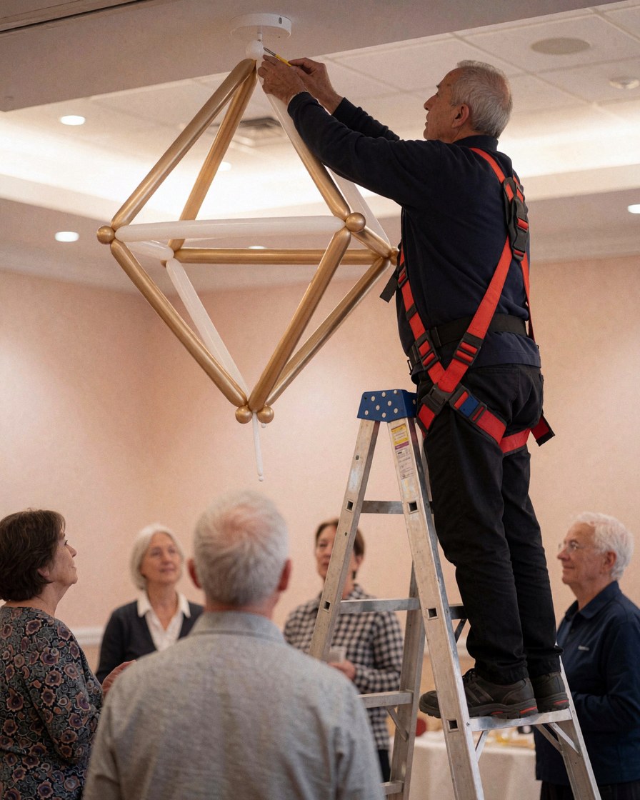 A decorator installs a golden balloon structure in an event hall with beige walls and soft ambient lighting.