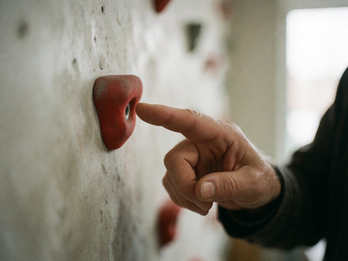Close-up of an adult hand pointing to a red climbing hold on an indoor climbing wall, highlighting technique for gym classes.