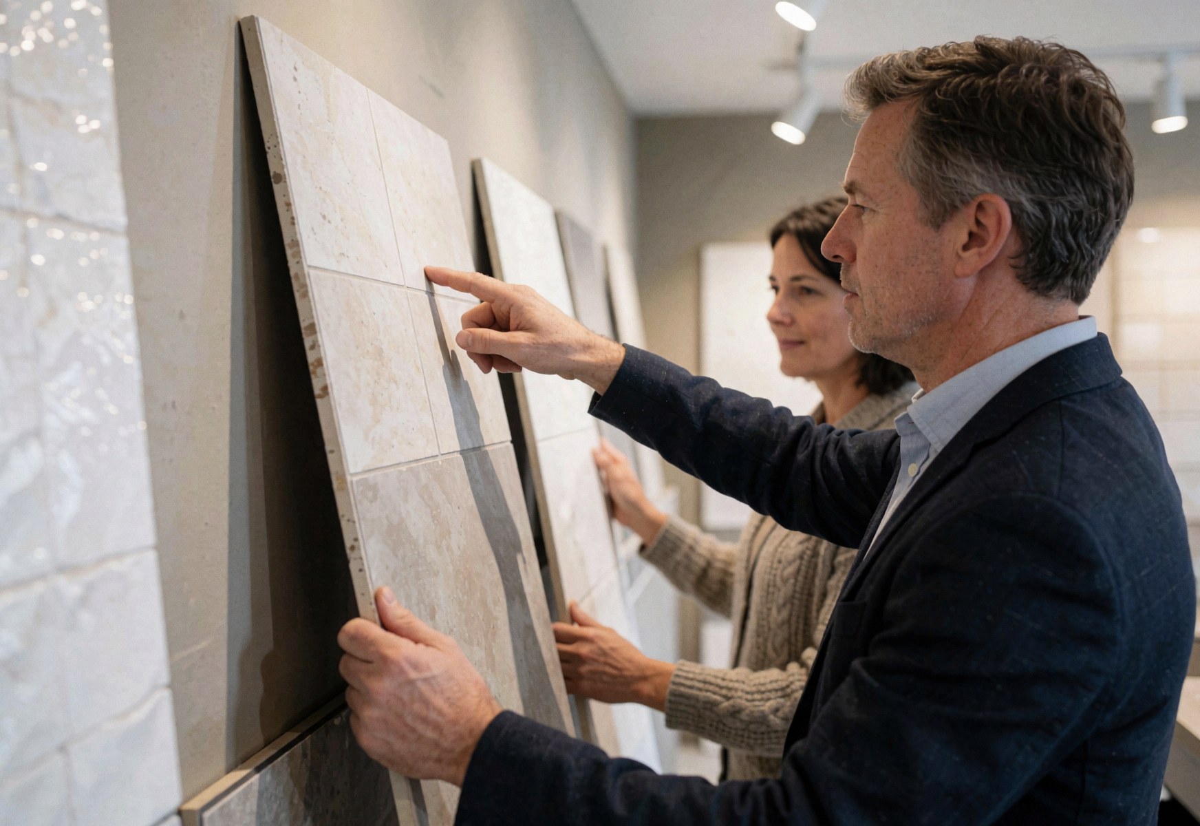 A man points to ceramic tile samples while a woman examines flooring options in a well-lit showroom.