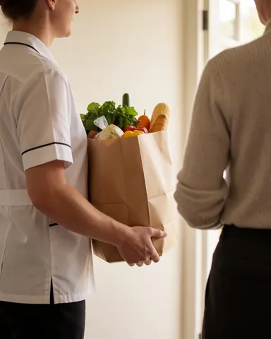 Uniformed staff member hands a food bag containing fruits and bread to a guest at the entrance of a vacation home during the day.