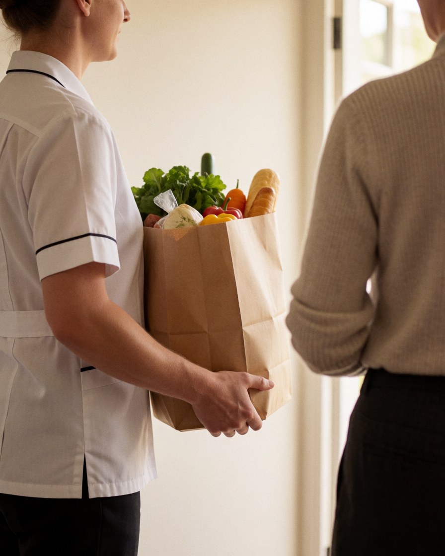 Uniformed staff member hands a food bag containing fruits and bread to a guest at the entrance of a vacation home during the day.