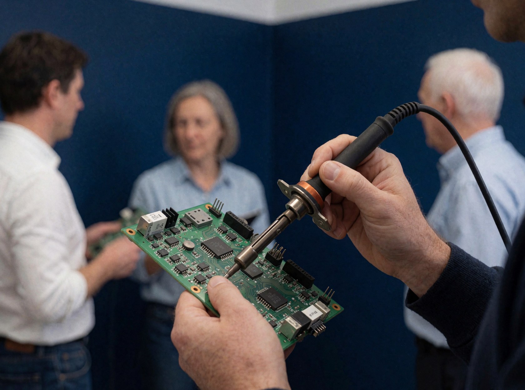 Close-up of a technician using a soldering iron on a green circuit board with a dark blue wall in the background