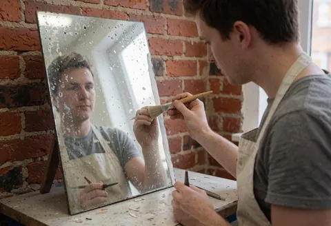 A man in an apron restores a frosted mirror with a brush in a workshop with a red brick wall.