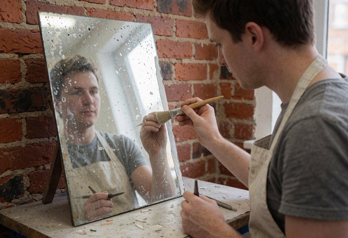 A man in an apron restores a frosted mirror with a brush in a workshop with a red brick wall.