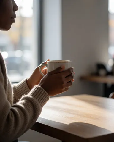 A customer holding a coffee cup near a window with natural light and a wooden table in a cozy cafe setting