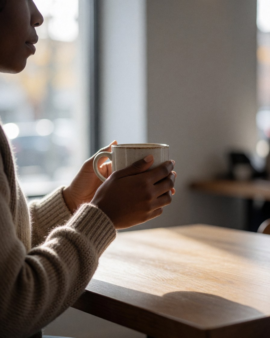 A customer holding a coffee cup near a window with natural light and a wooden table in a cozy cafe setting