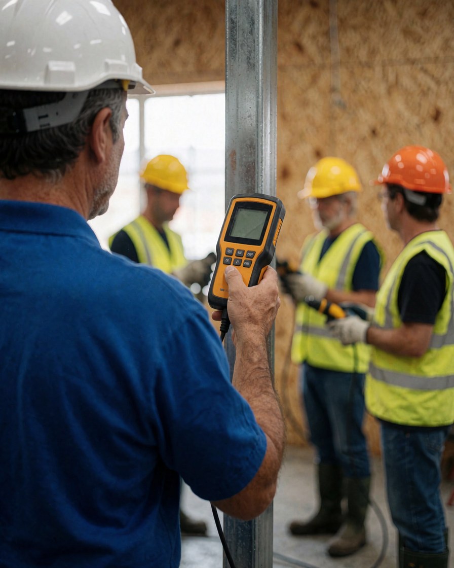 Worker with white helmet using a moisture meter on a metal framework at a construction site.