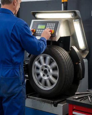 Technician in blue overalls balancing a tire on a machine in a workshop with visible tools and gray walls.