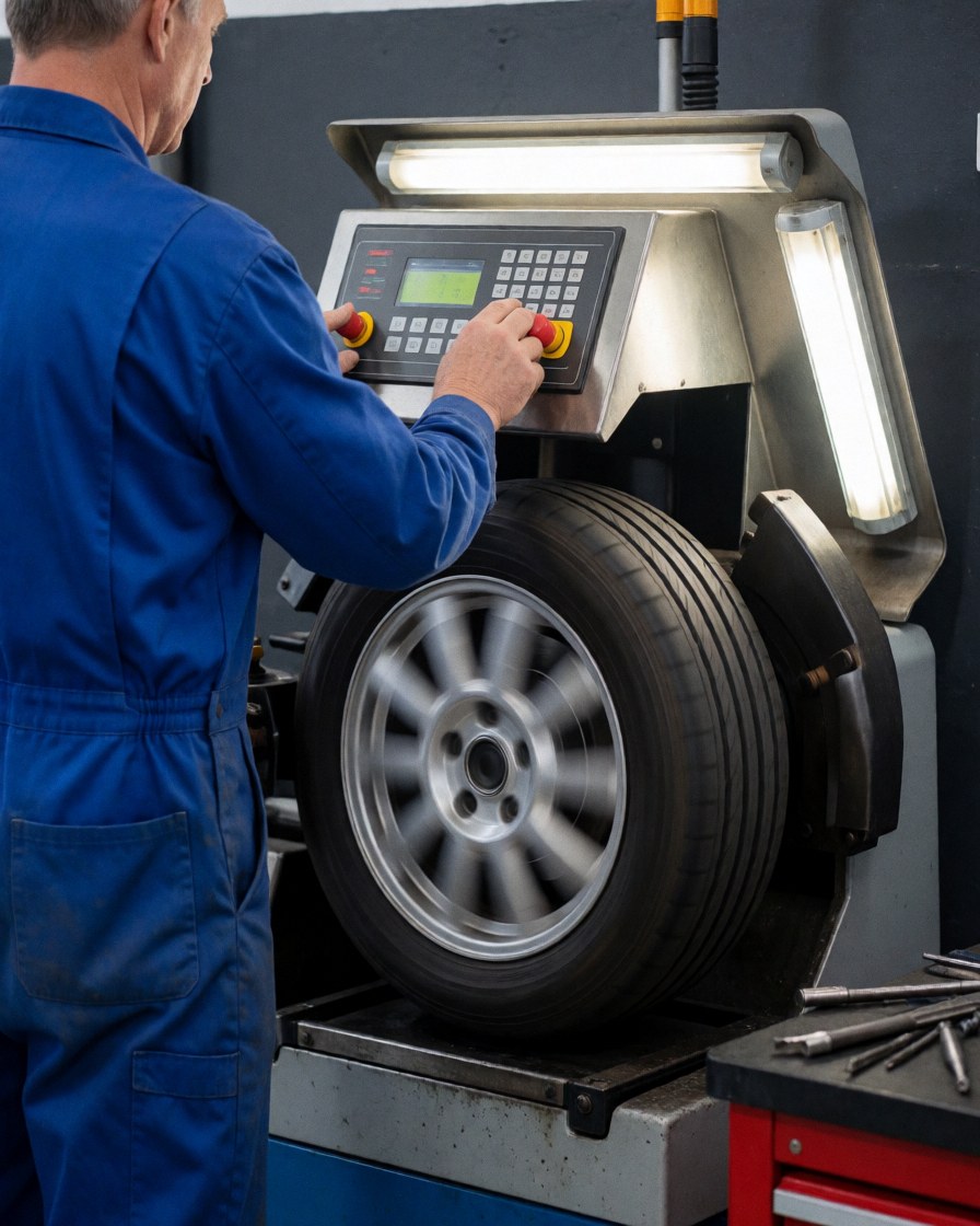 Technician in blue overalls balancing a tire on a machine in a workshop with visible tools and gray walls.