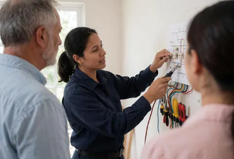 Professional electrician pointing at an electrical diagram while explaining details to a client in a home setting with visible tools and cables.