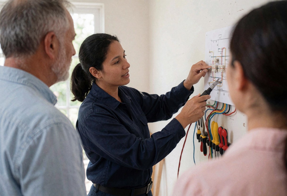 Professional electrician pointing at an electrical diagram while explaining details to a client in a home setting with visible tools and cables.