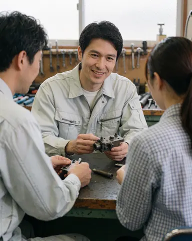 Three engineers examine a mechanical component on a workbench in a workshop with tools hanging on the wall.