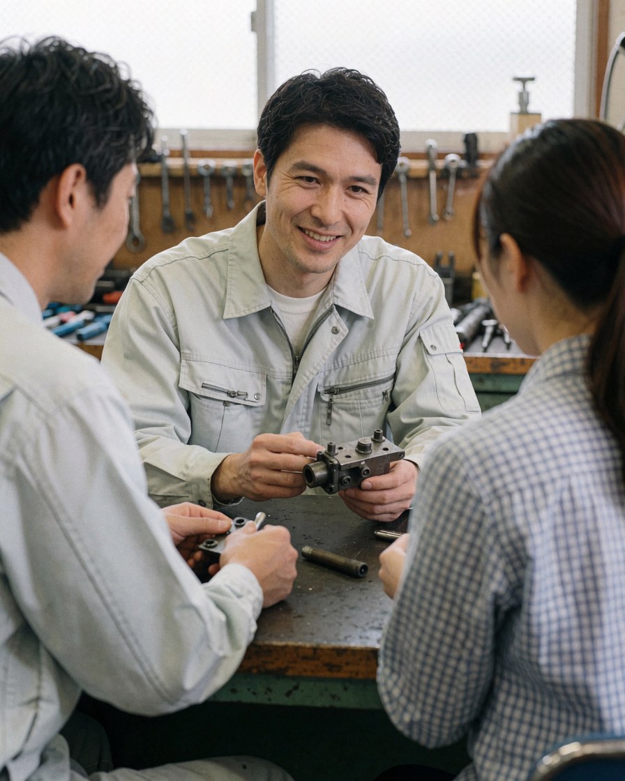 Three engineers examine a mechanical component on a workbench in a workshop with tools hanging on the wall.
