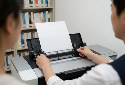 Clerk adjusting paper guide on large format printer in bookstore with bookshelves in background