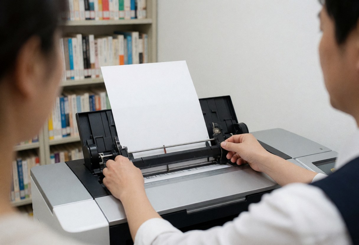 Clerk adjusting paper guide on large format printer in bookstore with bookshelves in background