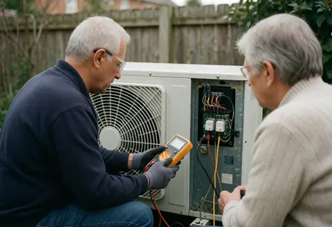 Technician uses a multimeter to check an open outdoor air conditioning unit while a customer watches from a garden with a wooden fence.