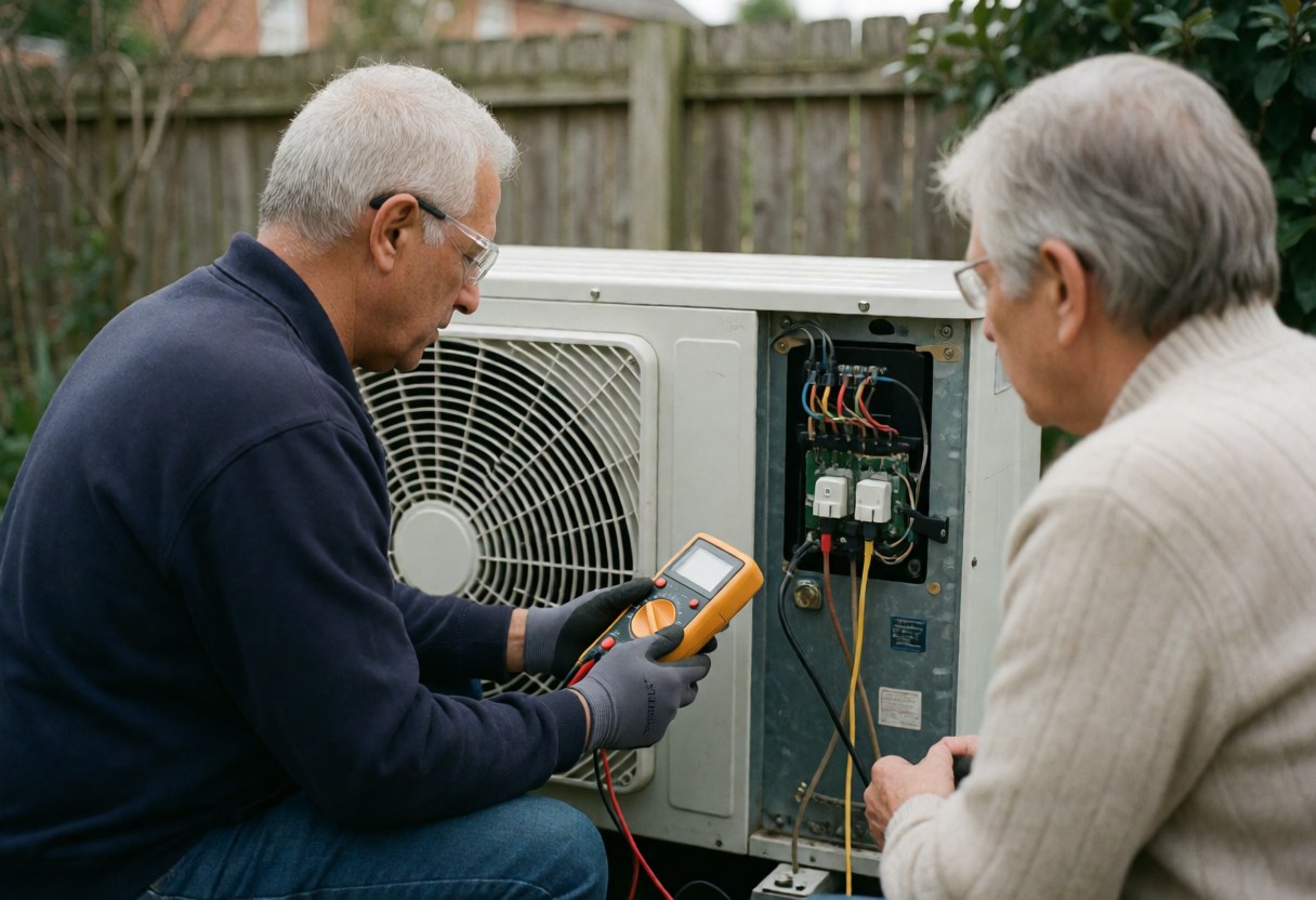 Technician uses a multimeter to check an open outdoor air conditioning unit while a customer watches from a garden with a wooden fence.