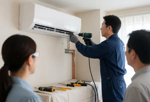 Technician in blue uniform uses a drill to install a white air conditioning unit on a beige wall with copper tubing and tools on a table.