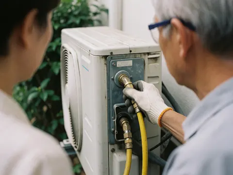 HVAC technician wearing gloves connects a yellow hose to an outdoor air conditioning unit while a customer watches in the background.