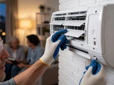 Technician wearing gloves and safety glasses adjusts the grille of a white wall-mounted air conditioner in a warm interior setting.