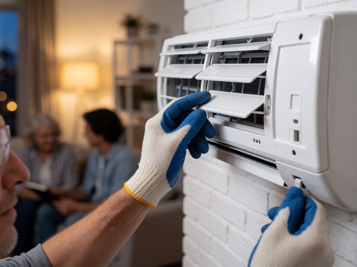 Technician wearing gloves and safety glasses adjusts the grille of a white wall-mounted air conditioner in a warm interior setting.