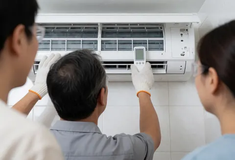 HVAC technician checks indoor air conditioning unit using a thermometer while wearing safety gear and gloves.