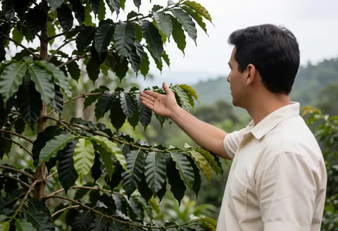 A man in a white shirt examines coffee leaves on a tree in a mountainous landscape with diffused light.
