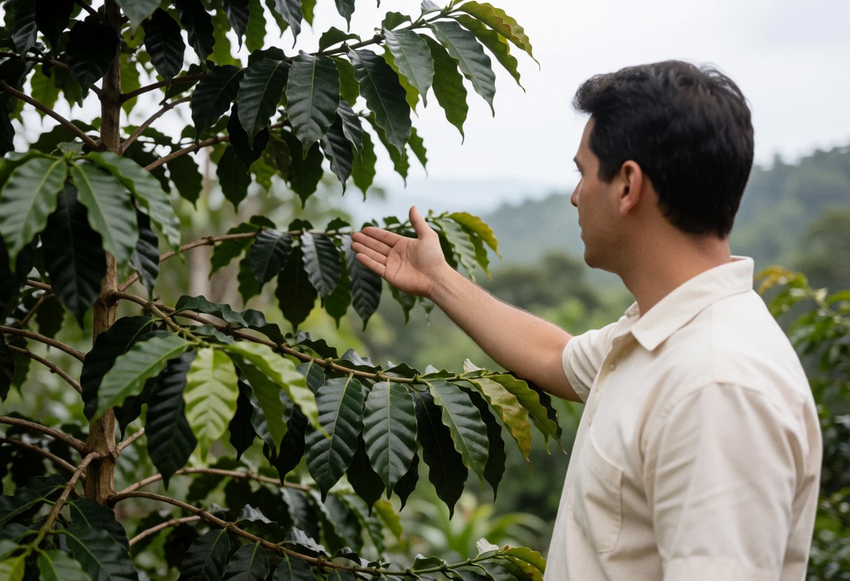 A man in a white shirt examines coffee leaves on a tree in a mountainous landscape with diffused light.