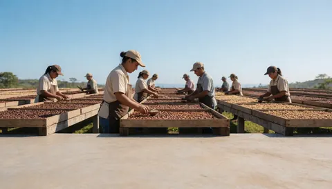 Workers drying cacao beans on outdoor patios under a blue sky, showing the agricultural process at a coffee and cacao farm.