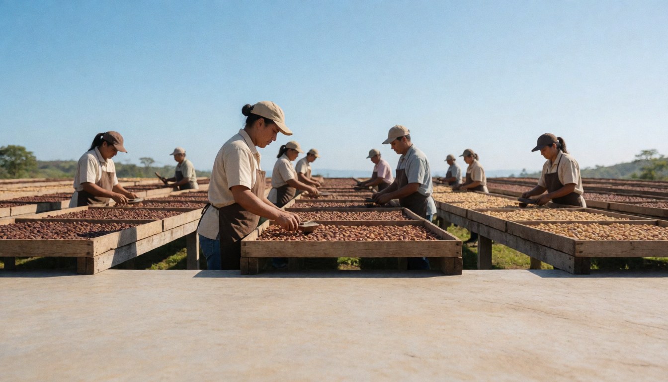 Workers drying cacao beans on outdoor patios under a blue sky, showing the agricultural process at a coffee and cacao farm.