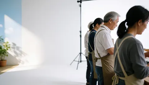 Photographers wearing aprons work in a white studio with a light banner and natural lighting.