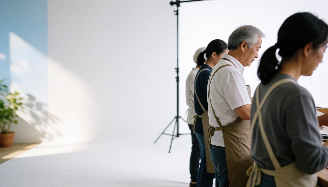 Photographers wearing aprons work in a white studio with a light banner and natural lighting.