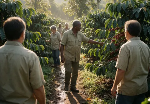 Tour guide points to ripe red coffee cherries on a farm path during sunset with visitors and green coffee plants nearby.