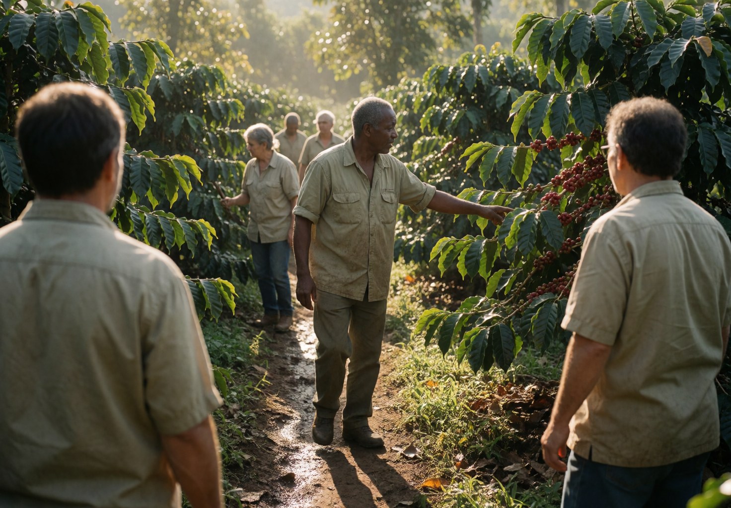 Tour guide points to ripe red coffee cherries on a farm path during sunset with visitors and green coffee plants nearby.
