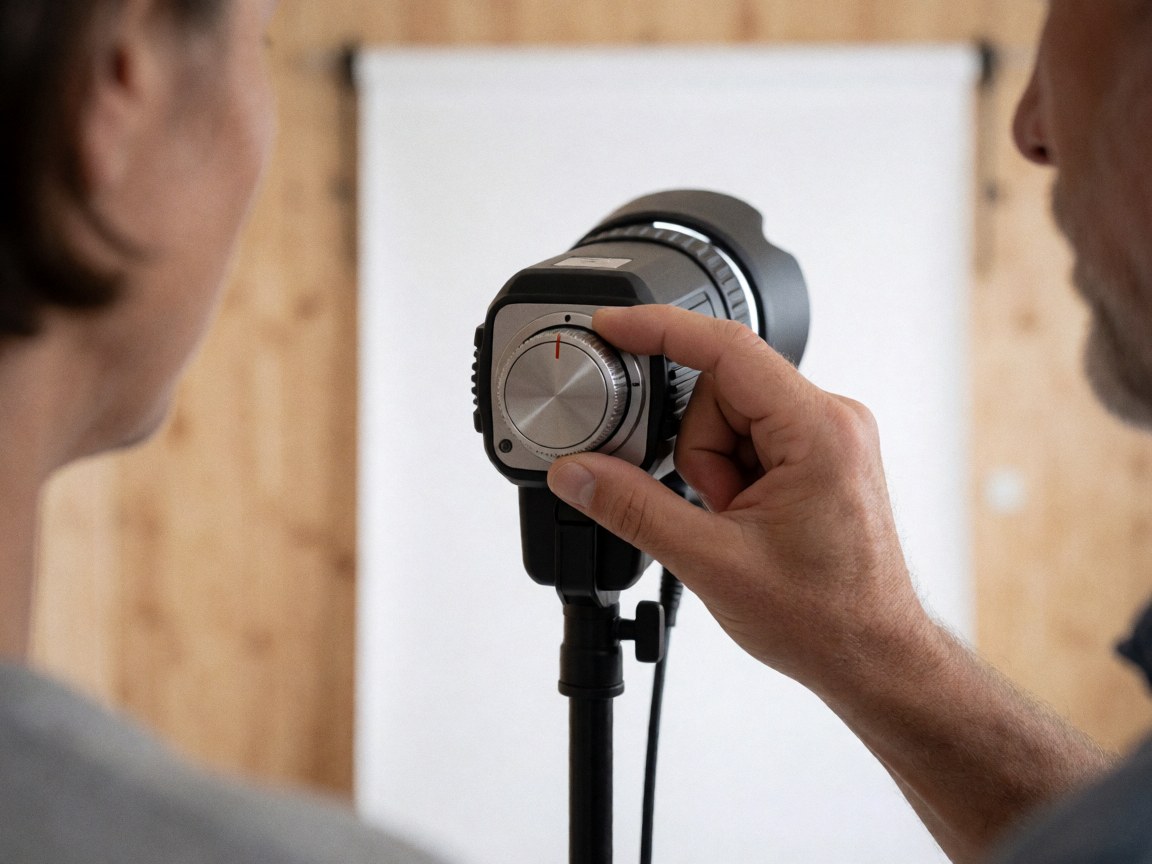Close-up of a hand turning a light control dial in a professional photography studio with white background and light wood wall.