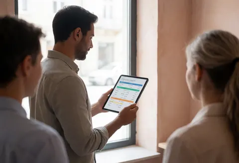 A travel professional displays an insurance comparison chart on a digital tablet for two clients near a window with natural light and terracotta walls.