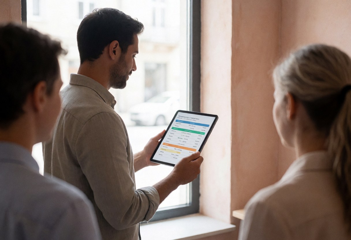A travel professional displays an insurance comparison chart on a digital tablet for two clients near a window with natural light and terracotta walls.
