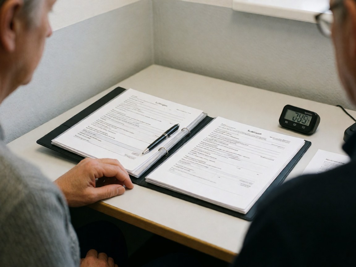 Close-up of hands checking visa paperwork on a desk with a pen and digital clock in a travel agency office.
