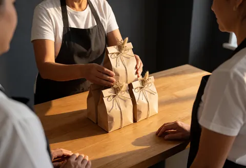 Hands arranging three coffee gift bags tied with twine on a light wooden table in a cafe setting.